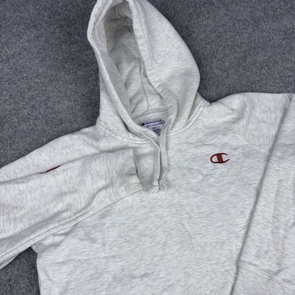 Champion‎ Hoodie Mens Medium Gray Pullover Script Sleeve Logo Fleece Sweatshirt